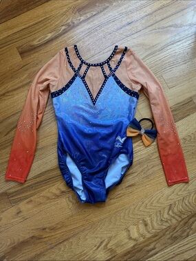 SHANNON Blue Iridescent and Peach Gymnastics Leotard with Rhinestones